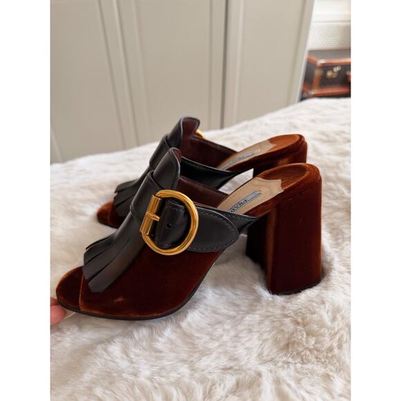 Prada Black/Brown Velvet and Leather Kiltie Mule Sandals - Picture 3 of 10